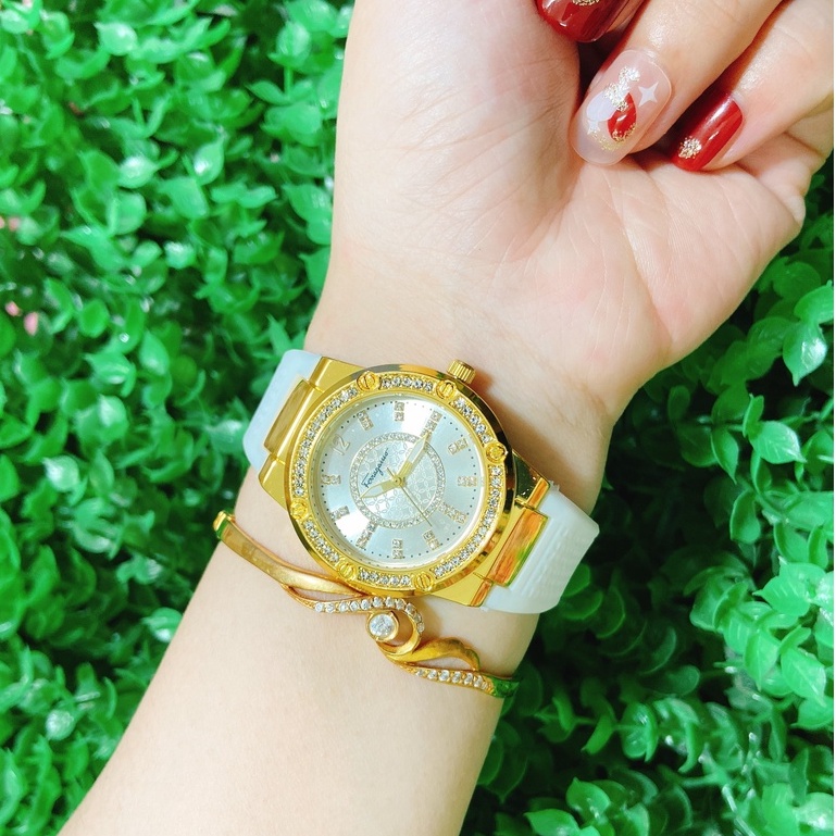 Đồng Hồ Nữ FER Dây Cao Su Trắng Mặt Đính Đá Siêu Đẹp