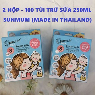 2 HỘP - 100 TÚI TRỮ SỮA CAO CẤP KHÔNG MÙI 3 KHÓA ZIP 250ml SUNMUM (Made in Thailand)