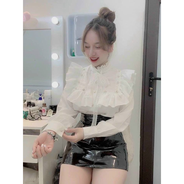 Áo sơ mi nữ cúc ngọc cổ ren siêu sang