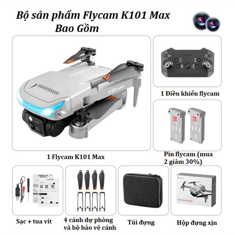 Flycam K101 Max, Nhập Khẩu Giá Tốt, Có 2 Camera Kép - Full HD 4 K-1080 - Với Cảm Biến Tránh Va Chạm, Mini Drone
