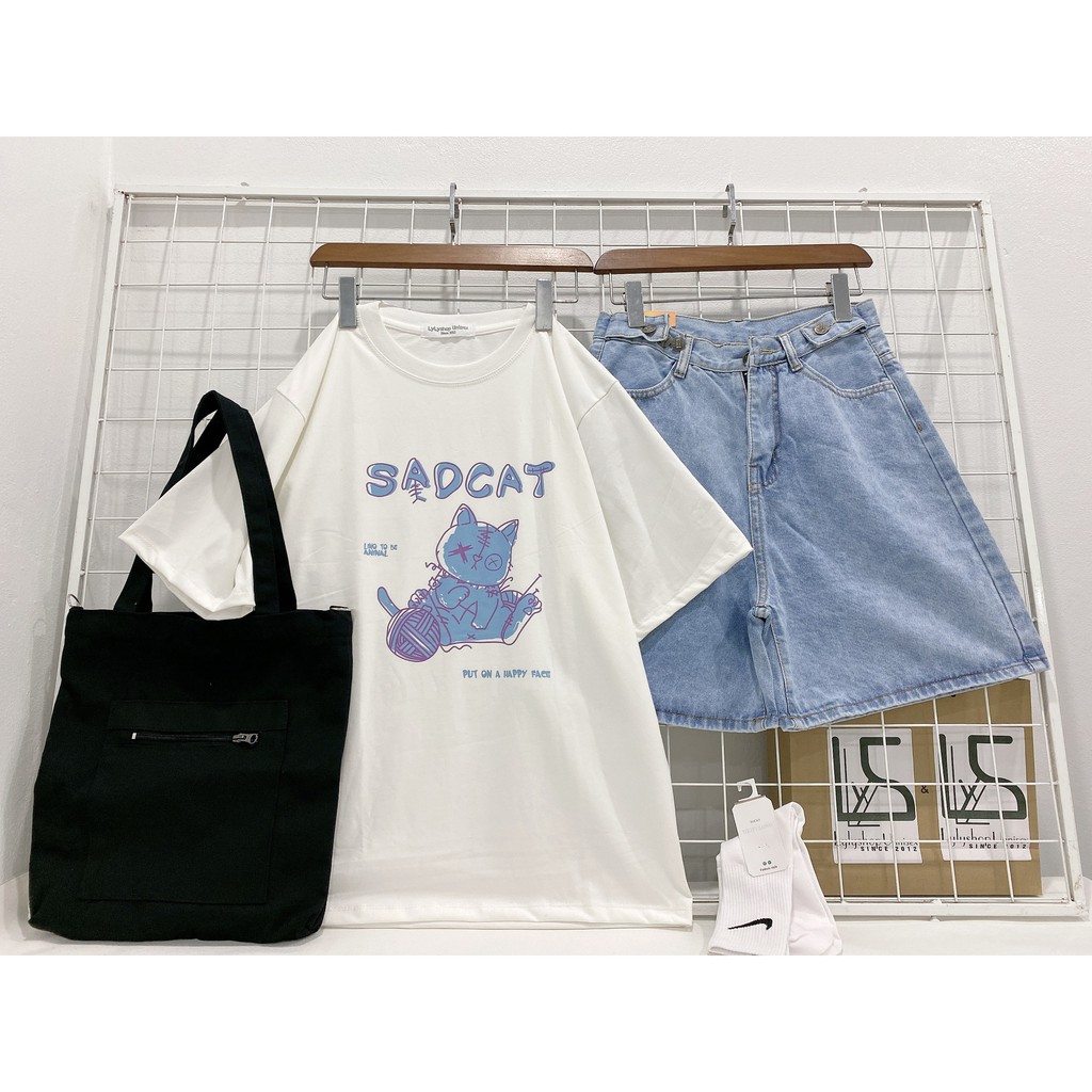 Áo thun tay lỡ Lylyshop, áo phông dáng rộng phong cách unisex nam nữ - ullzang in hình SADCAT