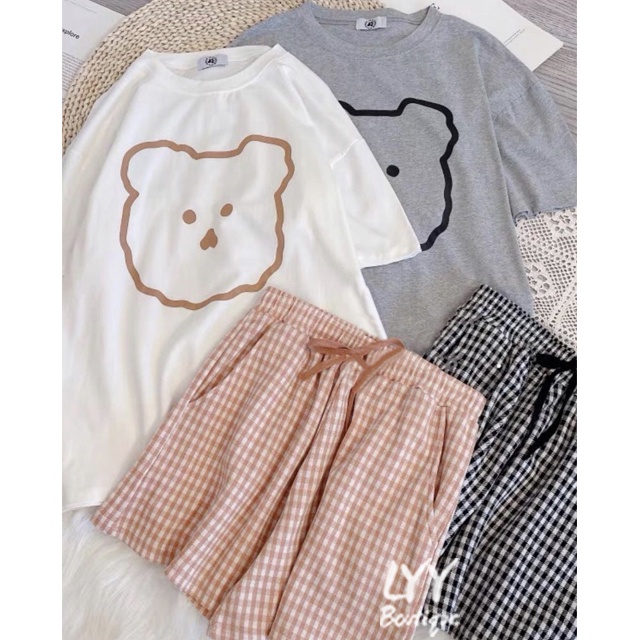 Set đồ nữ áo phông GẤU Hàn Quốc kèm quần short kẻ caro cute chất đẹp  Quảng Châu LYY BOUTIQUE