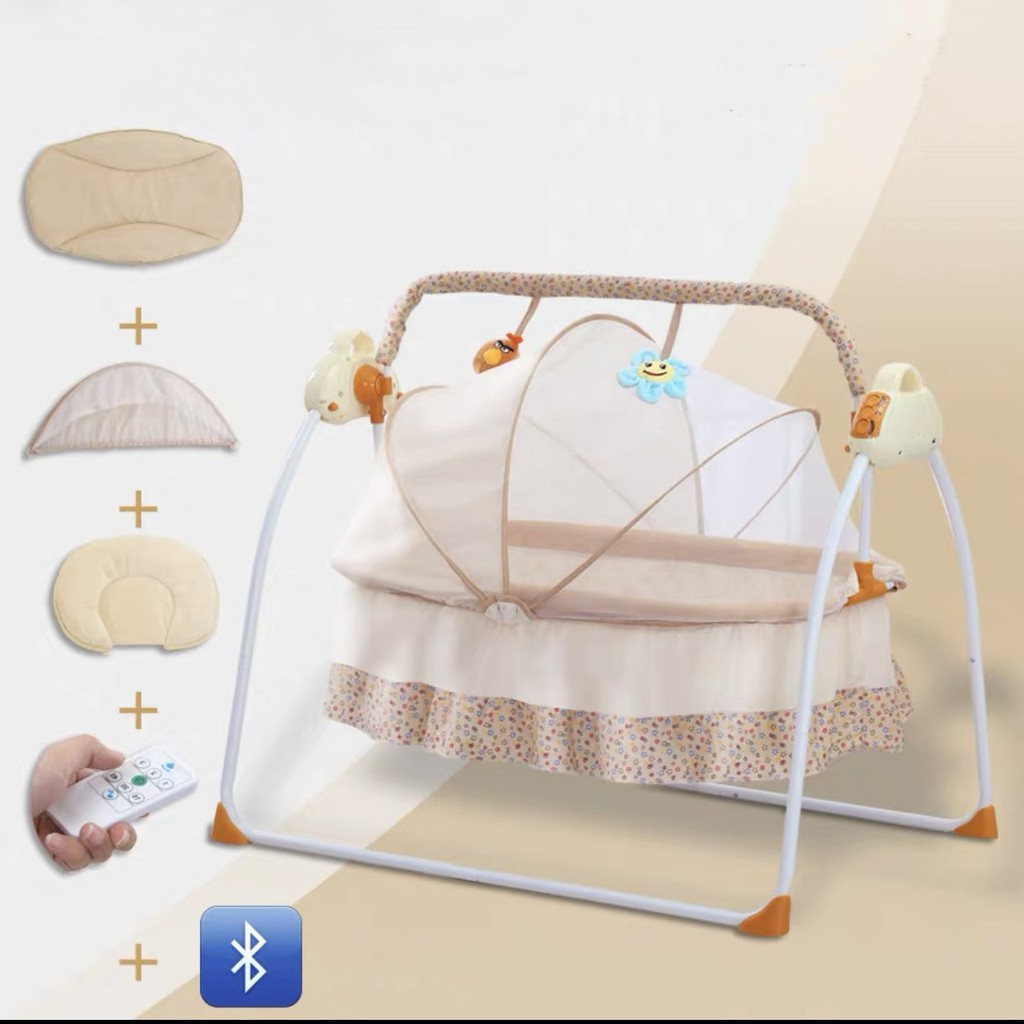 Nôi điện đưa tự động, phát nhạc, điều khiển từ xa, kết nối bluetooth, kèm đệm lót, gối, thú bông,Nôi đu đưa cho bé