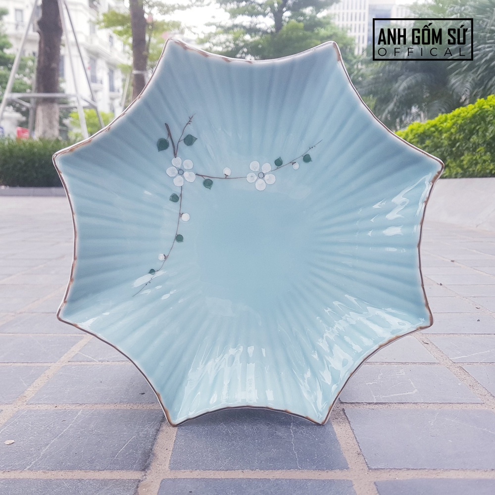 Đĩa sứ Bát Tràng men xanh lam vẻ đào trắng cao cấp, đĩa đựng đồ ăn chất lượng cao