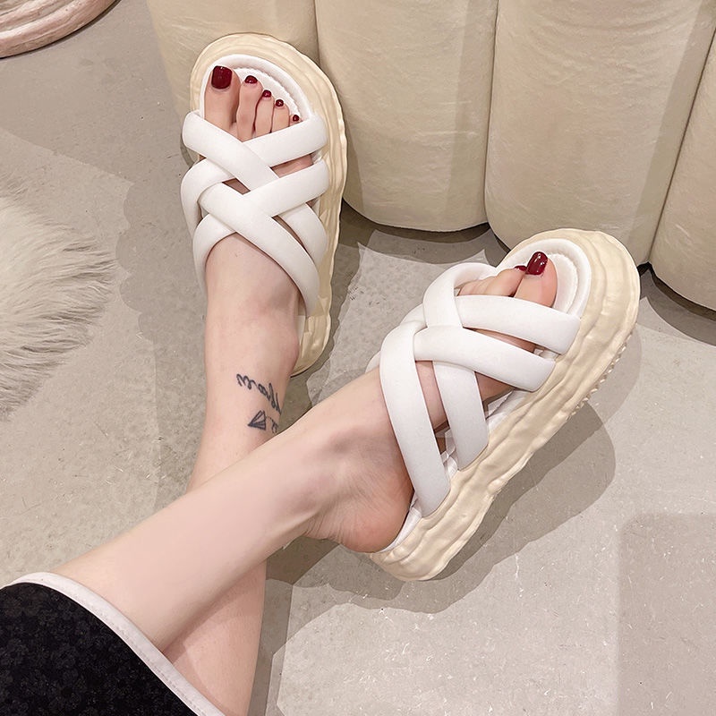 Oeggeo shop Dép Đế Dày Quai Chéo Màu Xanh Lá Cây Cho Nữ