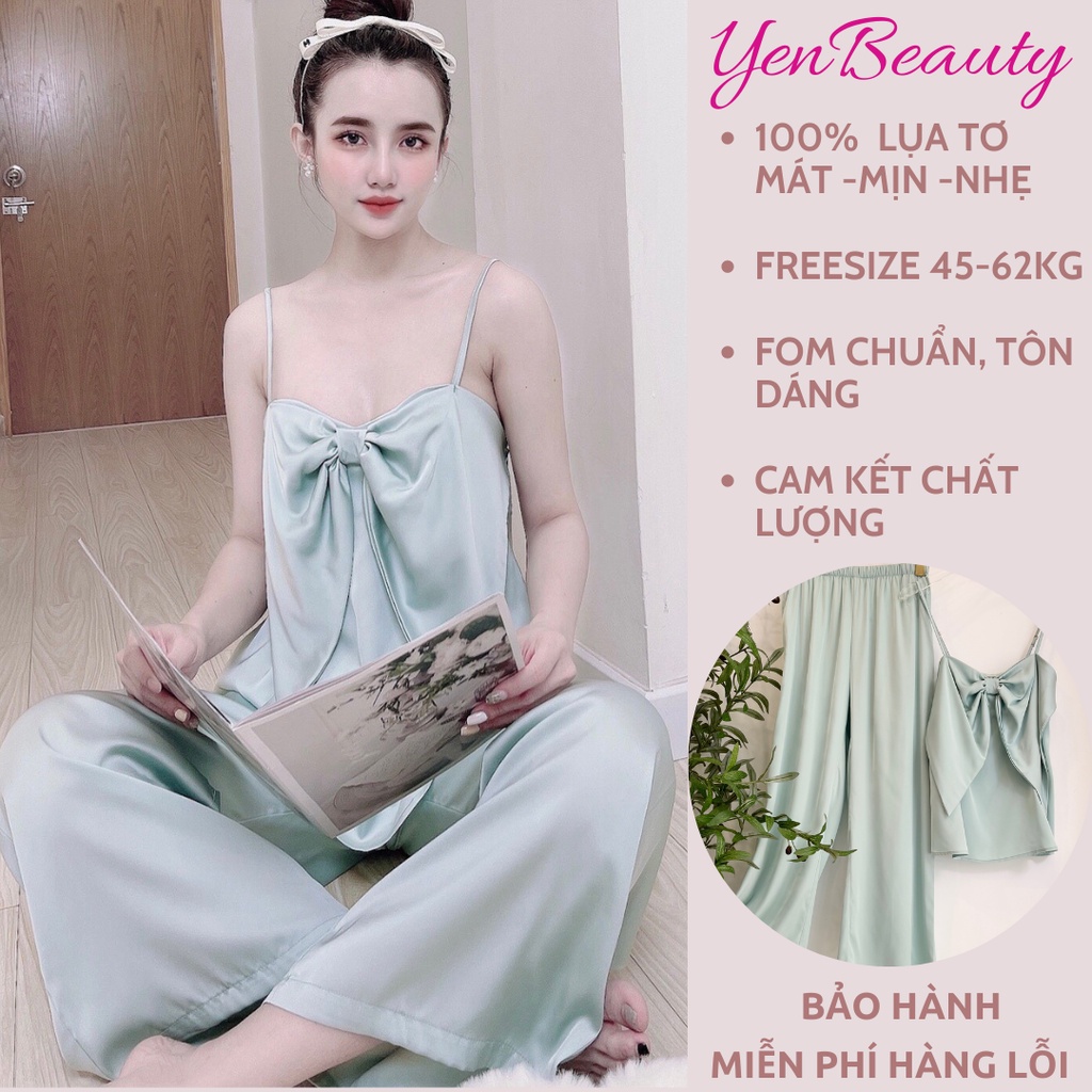 Đồ Bộ Lụa Tơ/Satin Dài Mặc Ở Nhà Nữ BIGBOW- Bộ Ngủ Nữ 2 Dây Nơ Sexy Mặc Nhà Mùa Hè, Bảng Màu Sang Chảnh - YENBEAUTY