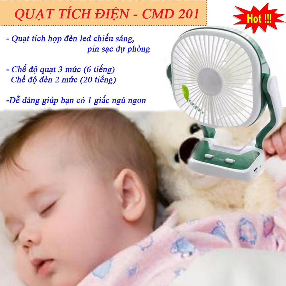 Quạt Tích Điện, Quạt Tích Điện CMD 201. Tích Hợp Đèn và Pin Dự Phòng. 3 Chế Độ Quạt, 2 Chế Độ Đèn Pin Khỏe.