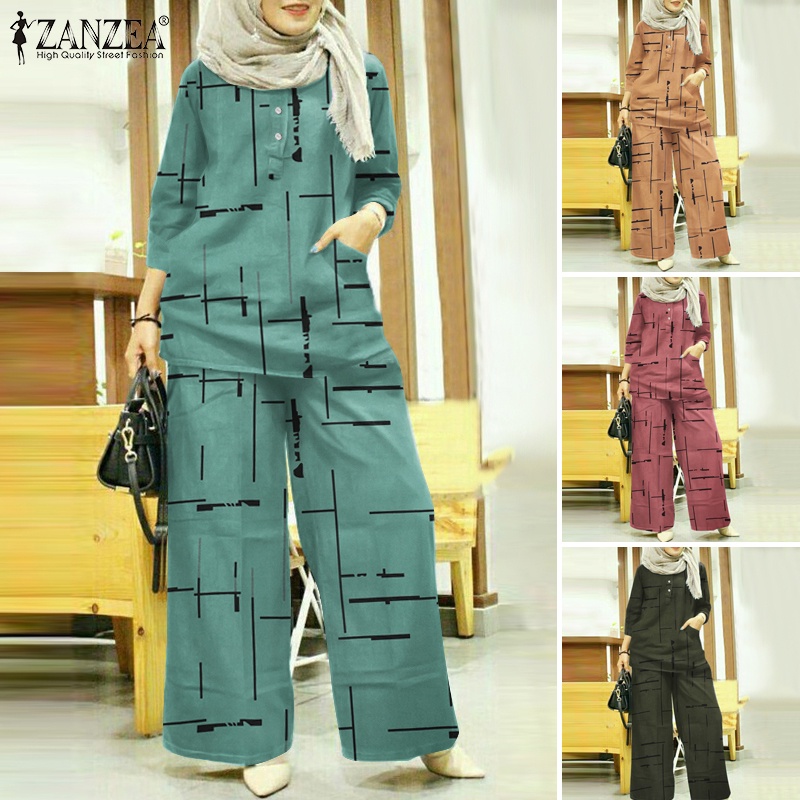 Set đồ ZANZEA gồm áo tay 3 / 4 phối nút và quần dài ống rộng lưng thun in họa tiết hồi giáo thời trang cho nữ