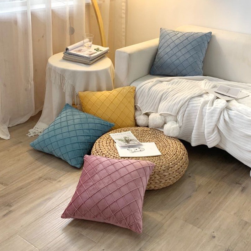 Vỏ Gối Nhung Màu Trơn Sọc Ca Rô Phong Cách Bắc Âu Ốp