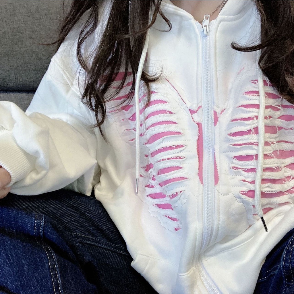 【ZHELIHANGFEI】Áo Hoodie Tay Dài Form Rộng Thiết Kế Xẻ Rách Phong Cách Preppy Mỹ