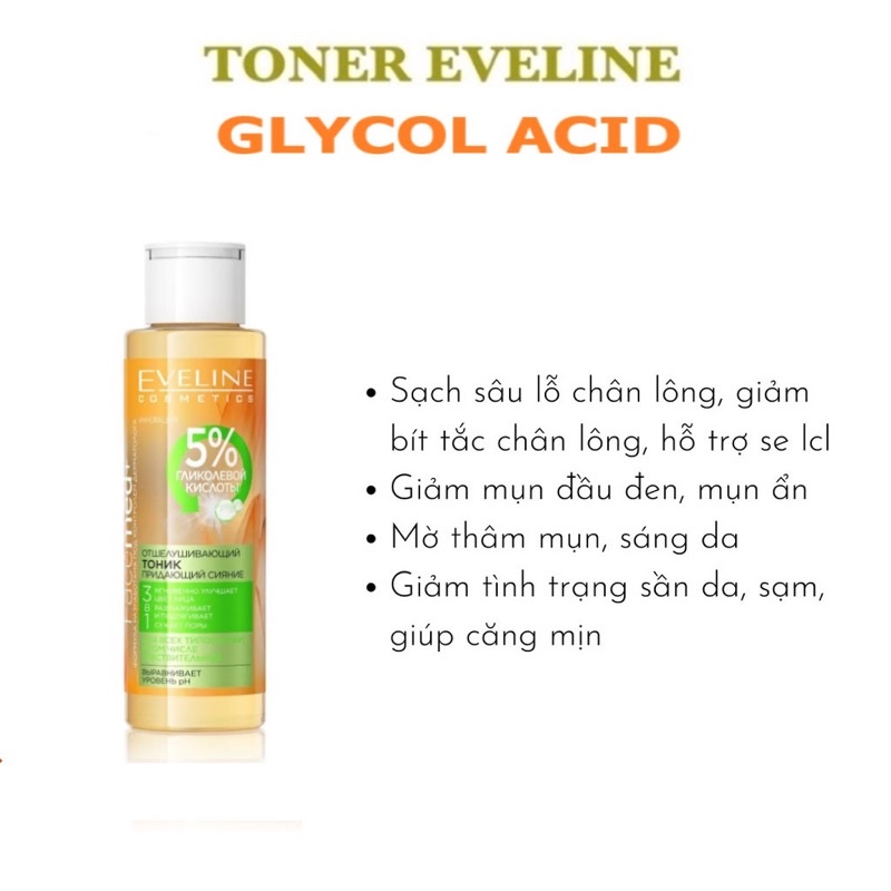 Toner Eveline 5% Glycolic Acid - Glycol Therapy giúp da căng bóng, mịn màng, mờ thâm mụn