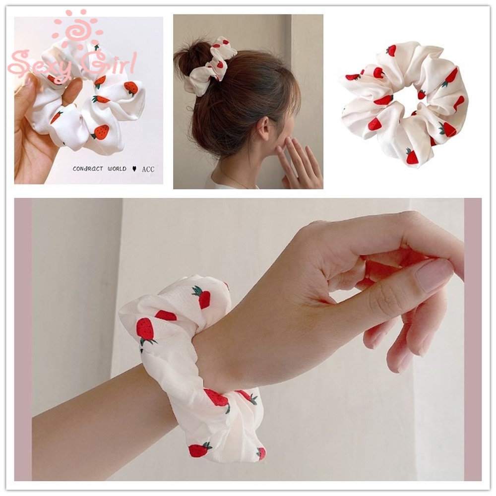 Dây Buộc Tóc Cao Su Co Giãn Bọc Vải Chiffon In Họa Tiết Dâu Tây Dễ Thương Phong Cách Hàn Quốc