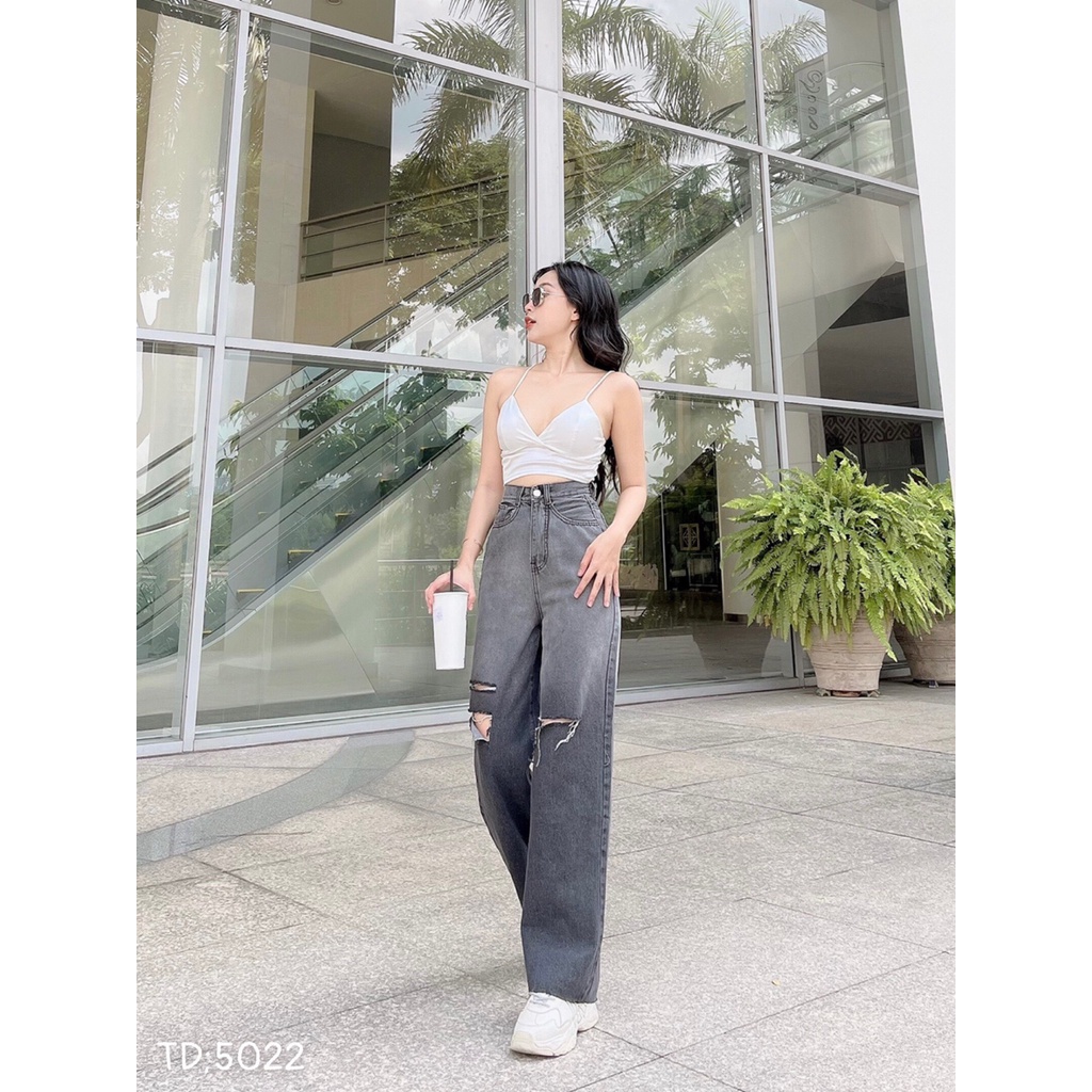 [ FOMO ] QUẦN JEANS ỐNG RỘNG NỮ LƯNG CAO LOANG MÀU XÁM RÁCH 2 VẠT 1 SỌC LAI CUỐN VẢI DÀY DẶN MỀM MỊN CAO CẤP NITIQC