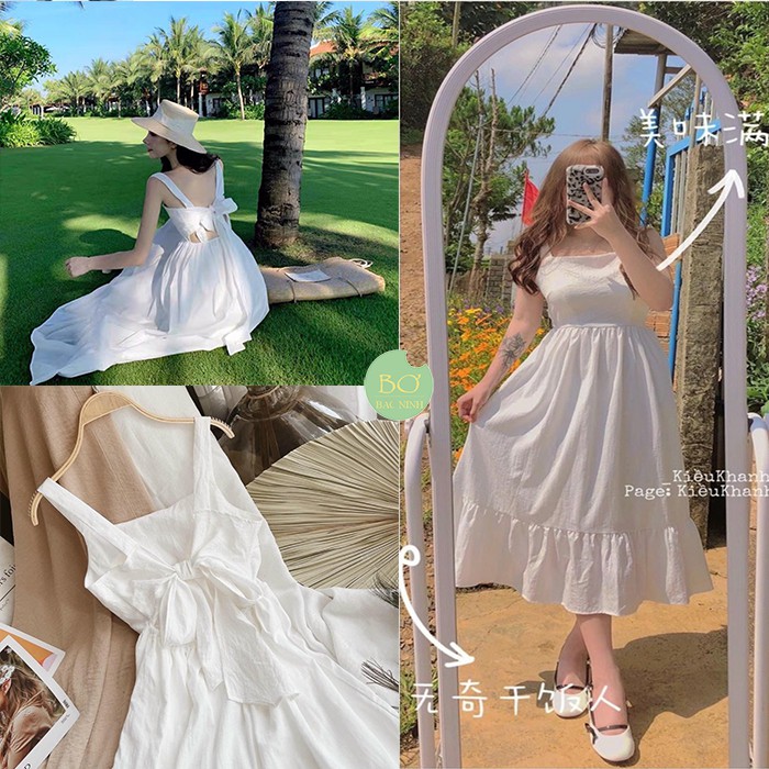 [ẢNH THẬT] Váy, Đầm Maxi Trắng Hai Đây Đuôi Cá Thắt Nơ Lưng  Váy 2s Dáng Suông Hơi Ôm Body Style Bánh Bèo Tiểu Thư