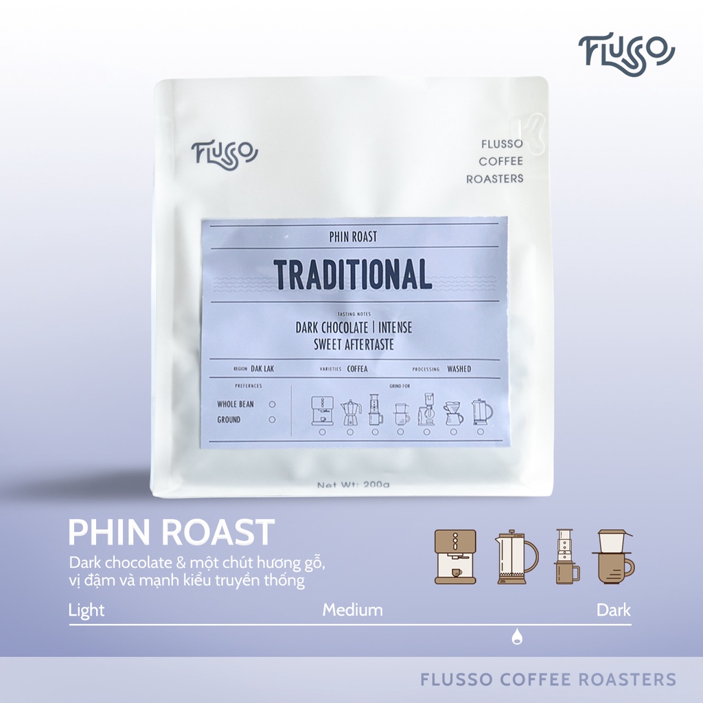 Cà Phê Pha Phin Robusta Traditional Flusso Coffee - Cà Phê Hạt Rang Xay Nguyên Chất Gu Truyền Thống