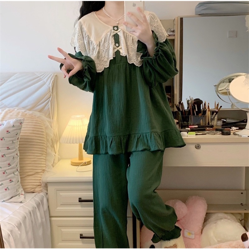 New SET BỘ ĐỒ MẶC NHÀ TIỂU THƯ QUẢNG CHÂU XÔ MUSLIN XANH PHỐI BÈO rẻ nhất shopee