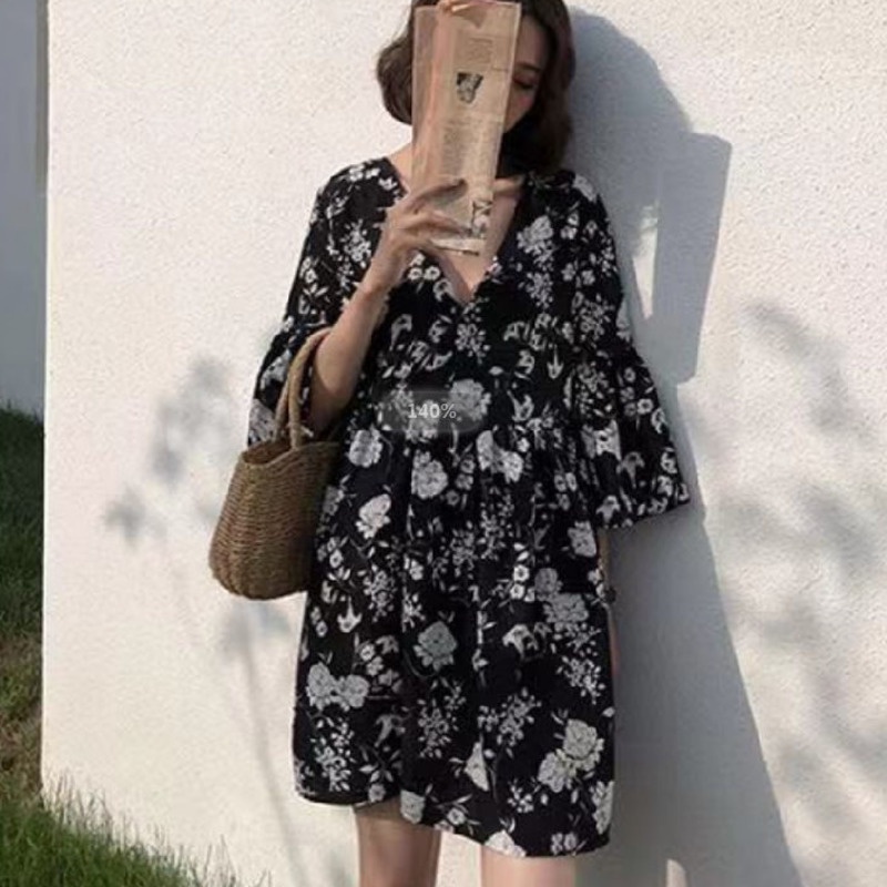 Đầm Hoa Ngắn Tay Cổ Chữ v Thời Trang Retro Hàn Quốc