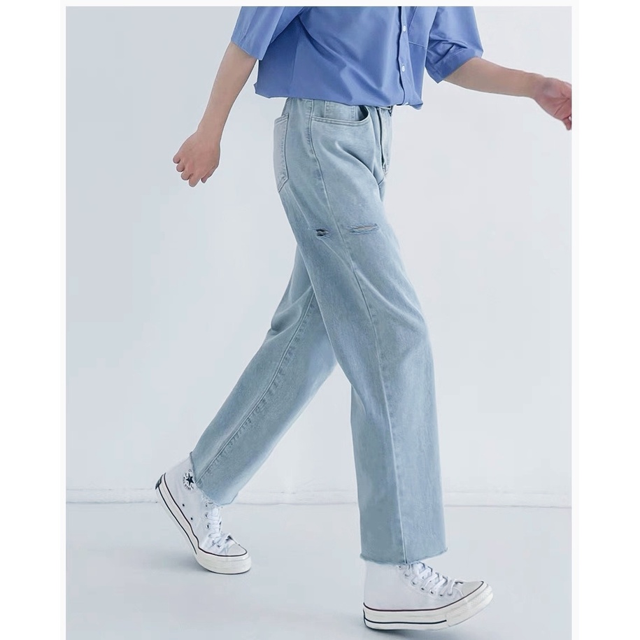Quần Baggy Jean rách xanh nhạt ống suông