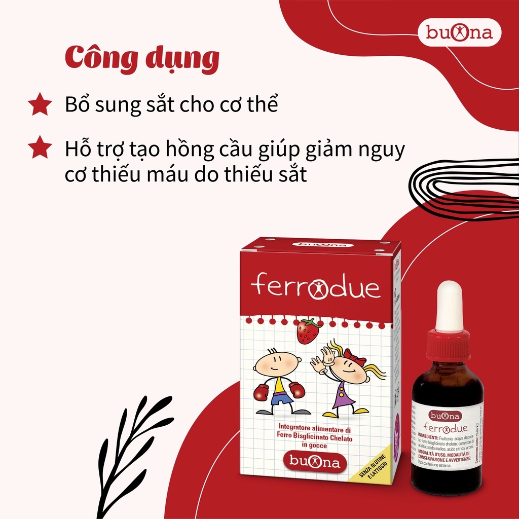 Sắt hữu cơ nhỏ giọt Ferrodue, bổ sung sắt giảm thiếu máu, ốm yếu, xanh xao ở trẻ em. Lọ 15ml, vị dâu, dạng nhỏ giọt