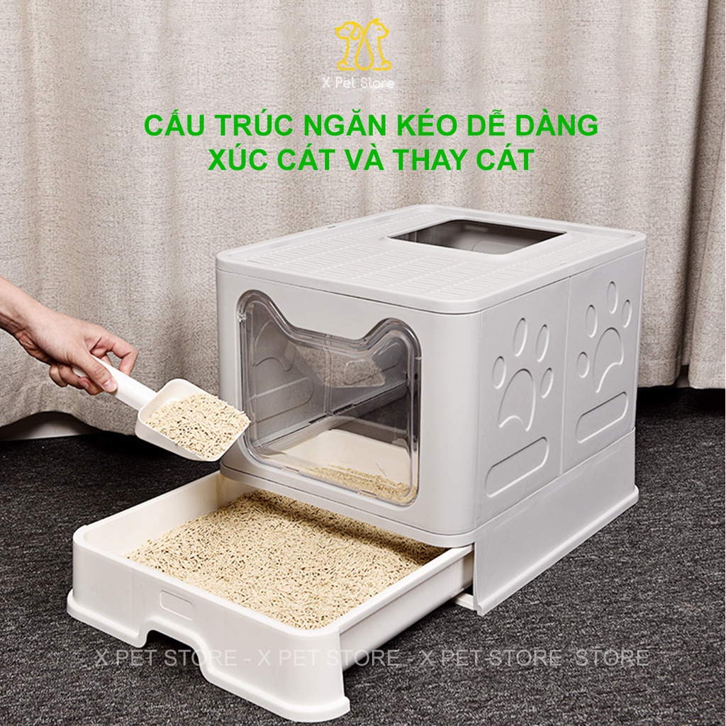 Nhà Vệ Sinh Cho Mèo 2 Cửa Ngăn Mùi Chống Văng Cát, Gấp Gọn Tiện Lợi - Tặng Kèm Xẻng