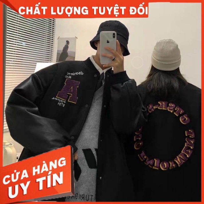 ÁO KHOÁC BOMBER KAKI PHỐI TAY DA THÊU CHỮ A ( có hình chụp thật ) - Hàng nhập khẩu
