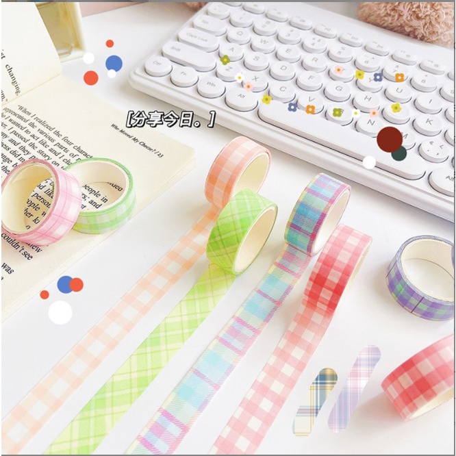 Cuộn băng dính washi tape họa tiết caro dễ thương, màu pastel trang trí sổ, dụng cụ học tập SUNNYSTORE