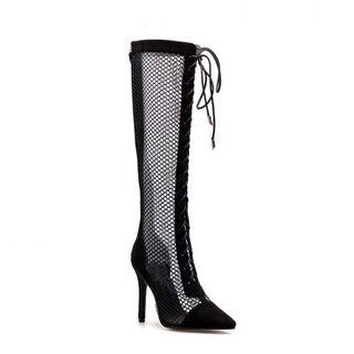 Sz35-40 Boots đùi lưới phối da lộn gót nhọn 10cm sang chảnh