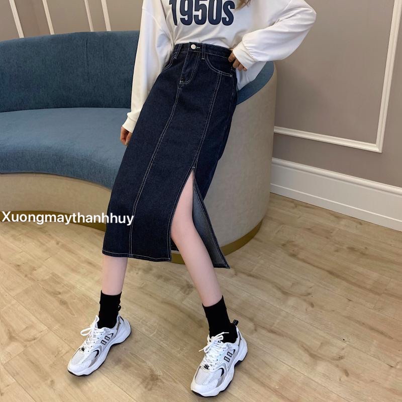 Chân váy bò dáng A cạp cao, váy jean xẻ tà unisex chỉ nổi | BigBuy360 - bigbuy360.vn