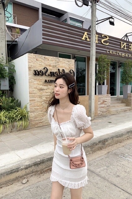 Váy trắng tiểu thư body tay bồng / Đầm trắng thắt nơ ngực sexy