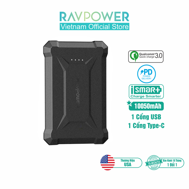 Pin Sạc Dự Phòng RAVPower 10050mAh Cổng In/Out Type C PD 18W QC 3.0, Chống Nước