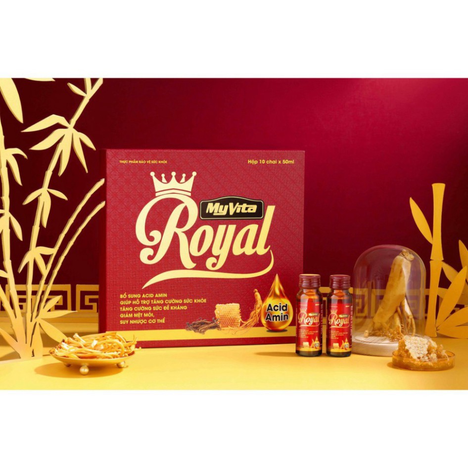 Nước Uống Tăng Cường Sức Khỏe MyVita Royal - Hộp 10 Chai - Acid Amin, Đông Trùng Hạ Thảo, Cao Nhân Sâm, Cao Sâm Cao