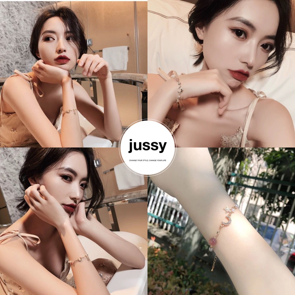 Vòng Tay Nữ Đính Đá Hồng Xinh Xắn Jussy Fashion Kiểu Lắc Tay Màu Vàng Thời Trang Hàn Quốc Hot Trend