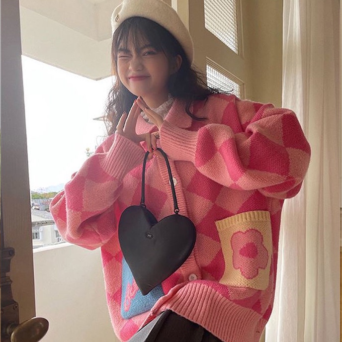 Áo khoác cardigan len dáng rộng kẻ sọc đính đá dễ thương cho nữ