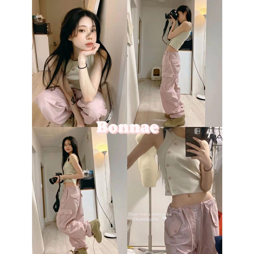 Quần Yếm Thể Thao Dáng Suông Rộng Màu Hồng Phong Cách Retro Dành Cho Nữ