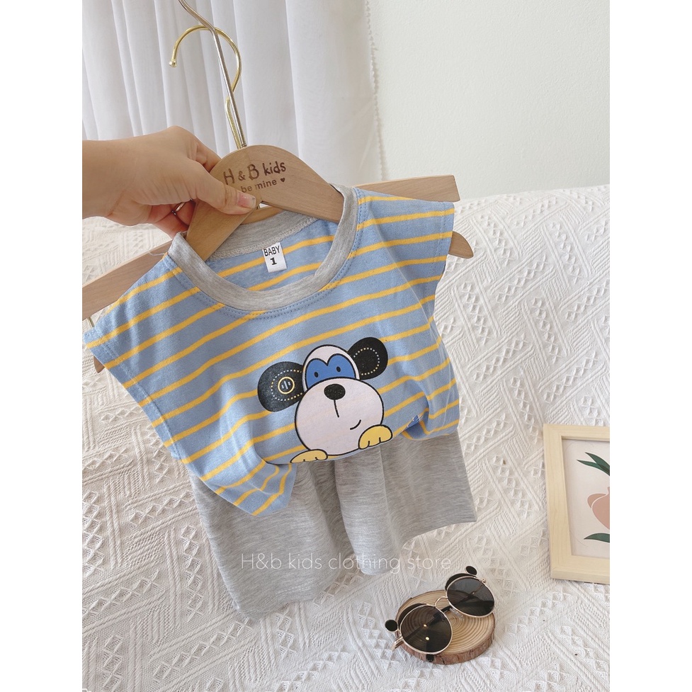 Bộ Đồ Cộc Tay Bé Trai 10-20kg Chất Cotton Hoa Tiết Kẻ Ngang In Hình Con Vật, Set Ba Lỗ Bé Trai Mặc Hè - AN.KID