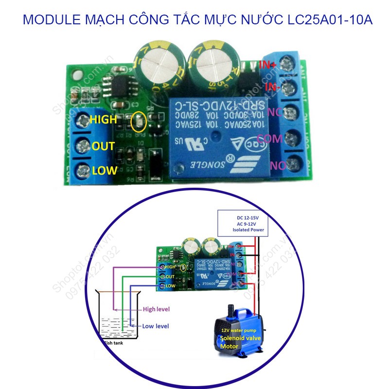 Module mạch công tắc cảm biến mực nước với 2 mức cao và thấp LC25A01-10A giúp tự động đóng mở máy bơm