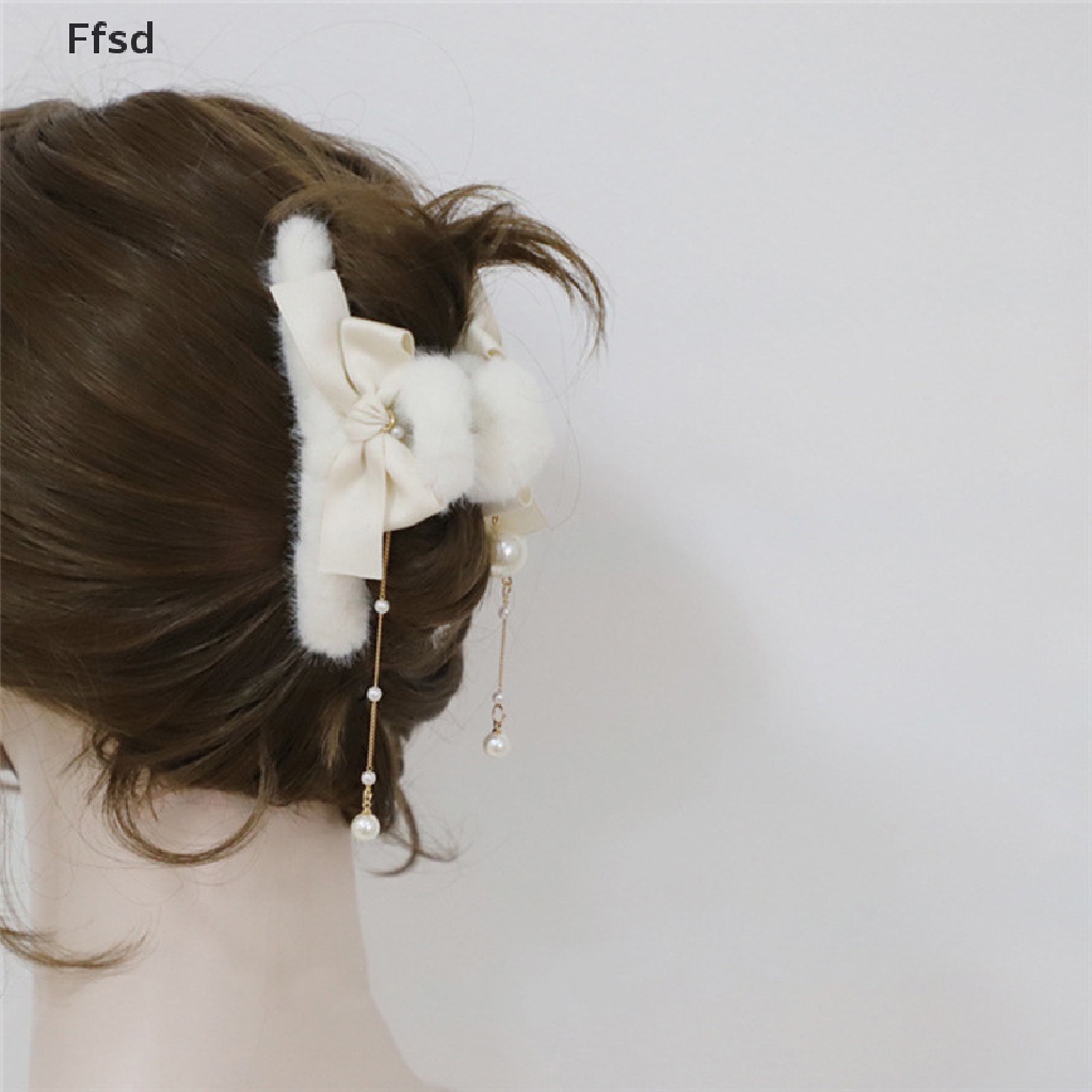 Kẹp Tóc Càng Cua Dài Đính Ngọc Trai Phối Lông Phong Cách Vintage Thời Trang Cho Nữ