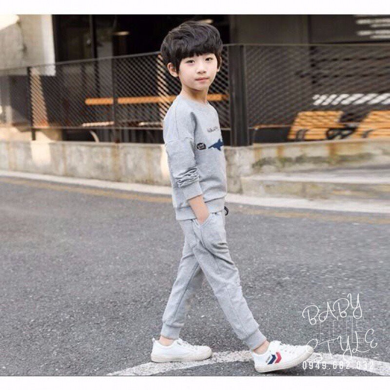 Bộ quần áo thu đông &quot;SHARK&quot; 14-48kg cho bé trai 4-14 tuổi. Bộ dài tay ấm áp cho bé.Vải nỉ da cá. Hàng may kỹ. B25