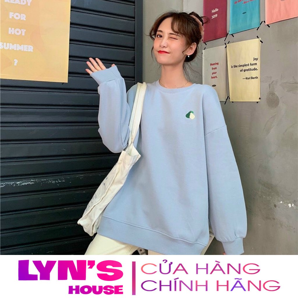 Áo tay dài sweater nỉ Lyn House thêu hình trái cây cho nam nữ và cặp đôi, form rộng unisex 4 màu hồng kem vàng xanh | BigBuy360 - bigbuy360.vn