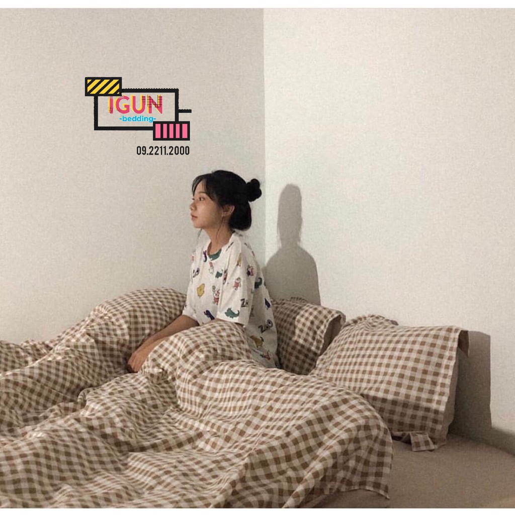 Bộ Chăn Ga Gối Cotton Poly set 4 món nhập khẩu CARO MUJI NÂU NHẠT