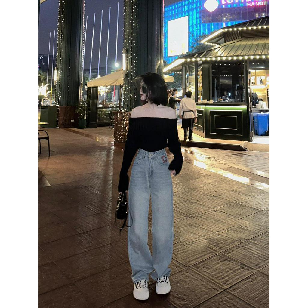 [ORDM3713]QUẦN JEANS ỐNG RỘNG NỮ LƯNG CAO THÊU CHỮ C ĐỎ TÚI ĐỒNG HỒ KÈM TÚI SAU MÀU XANH LAI CUỐN TÔN DÁNG BỤI BẶM CỰC H