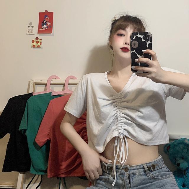 Áo croptop trơn nữ cổ chữ V tay ngắn phiên bản Hàn Quốc áo thun JL-TX-105