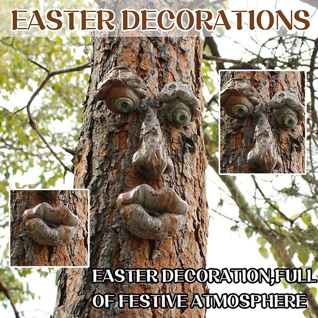 Bark Ghost Face Facial Features Decoration Easter Old Man Tree Hugger Tree Face Decor Outdoor Whimsical Sculpture Garden Peeker Easter Creative Props Yard Art Decoration Funny JP5