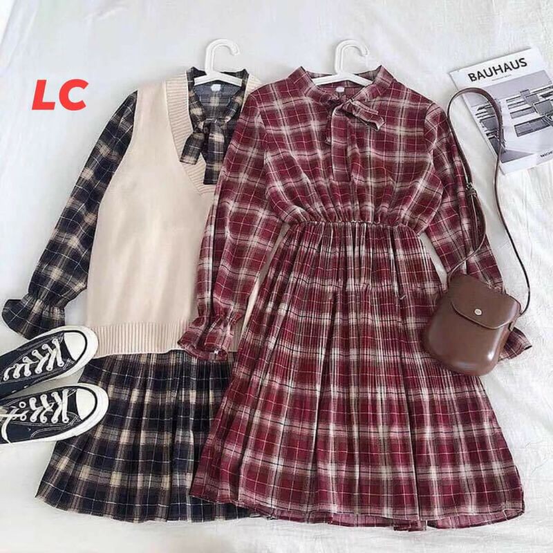 Váy Kẻ Caro Nơ Cổ Babydoll Ulzang