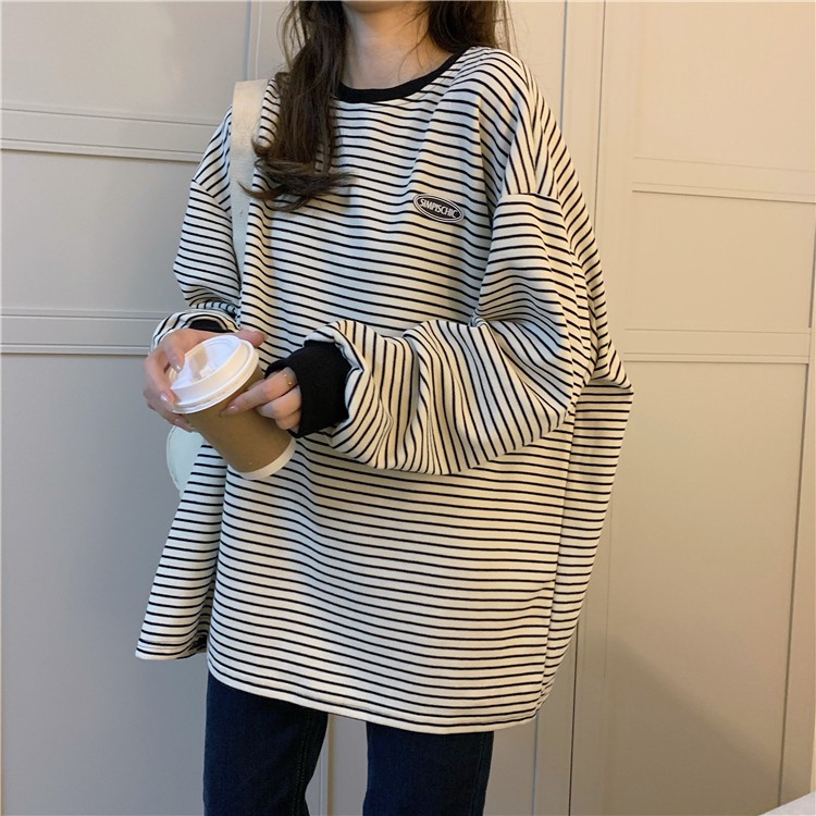 LEEVA - Áo sweater phối sọc dáng rộng cho nữ A119