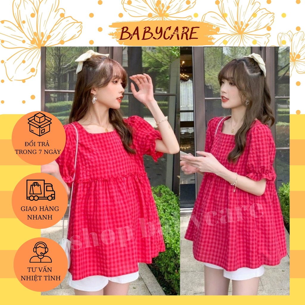 ÁO BẦU MÙA HÈ KẺ HỒNG XINH XẮN- ÁO BABYDOLL BẦU KIỂU DÁNG TRẺ TRUNG TƯƠI TẮN