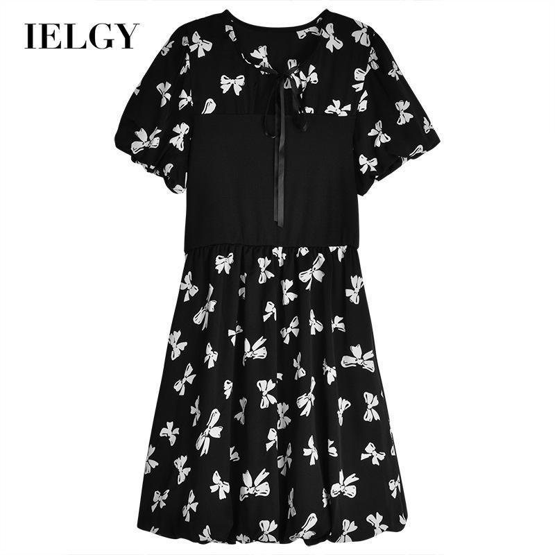 Đầm IELGY ngắn tay in hoạ tiết đính nơ thời trang phong cách Pháp cho nữ