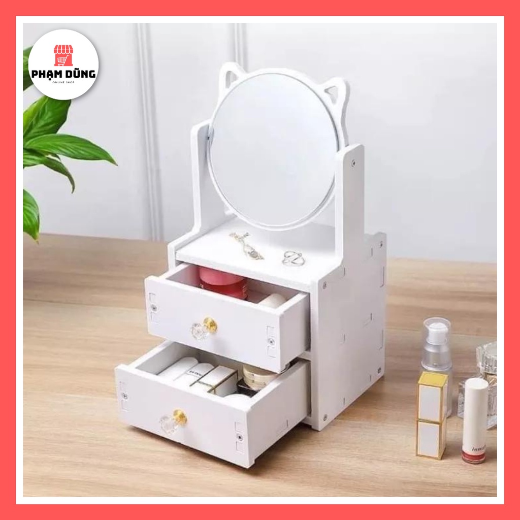 Kệ Mỹ Phẩm 2 Tầng Có Gương Tai Mèo , Kệ Trang Điểm Có Gương