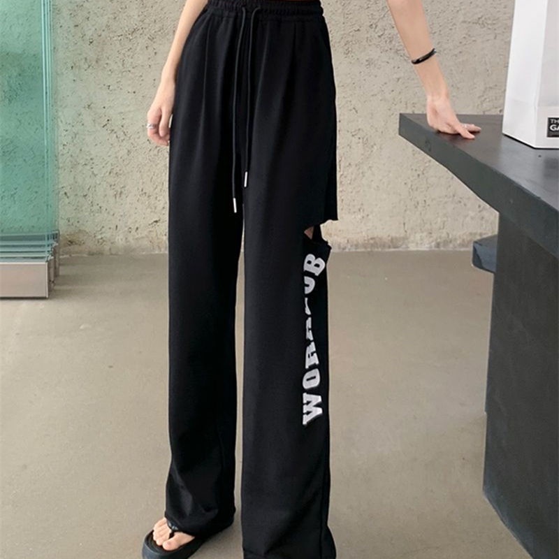 COZOK Set Áo Thun Ngắn Tay In Chữ + Quần Ống Rộng Rách Cá Tính Cho Nữ