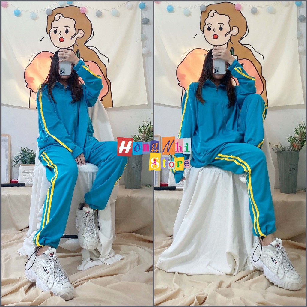 Set Bộ Thể Thao Oversize Ulzzang Unisex Áo Khoác Tay Dài Quần Jogger Dài Màu Xanh Cao Cấp - MM